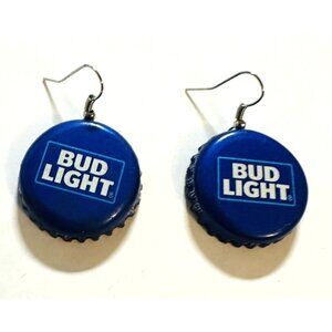 Bud Light Beer Bottle Cap Earrings Collectible Fun Artisan Upcycled Fashion